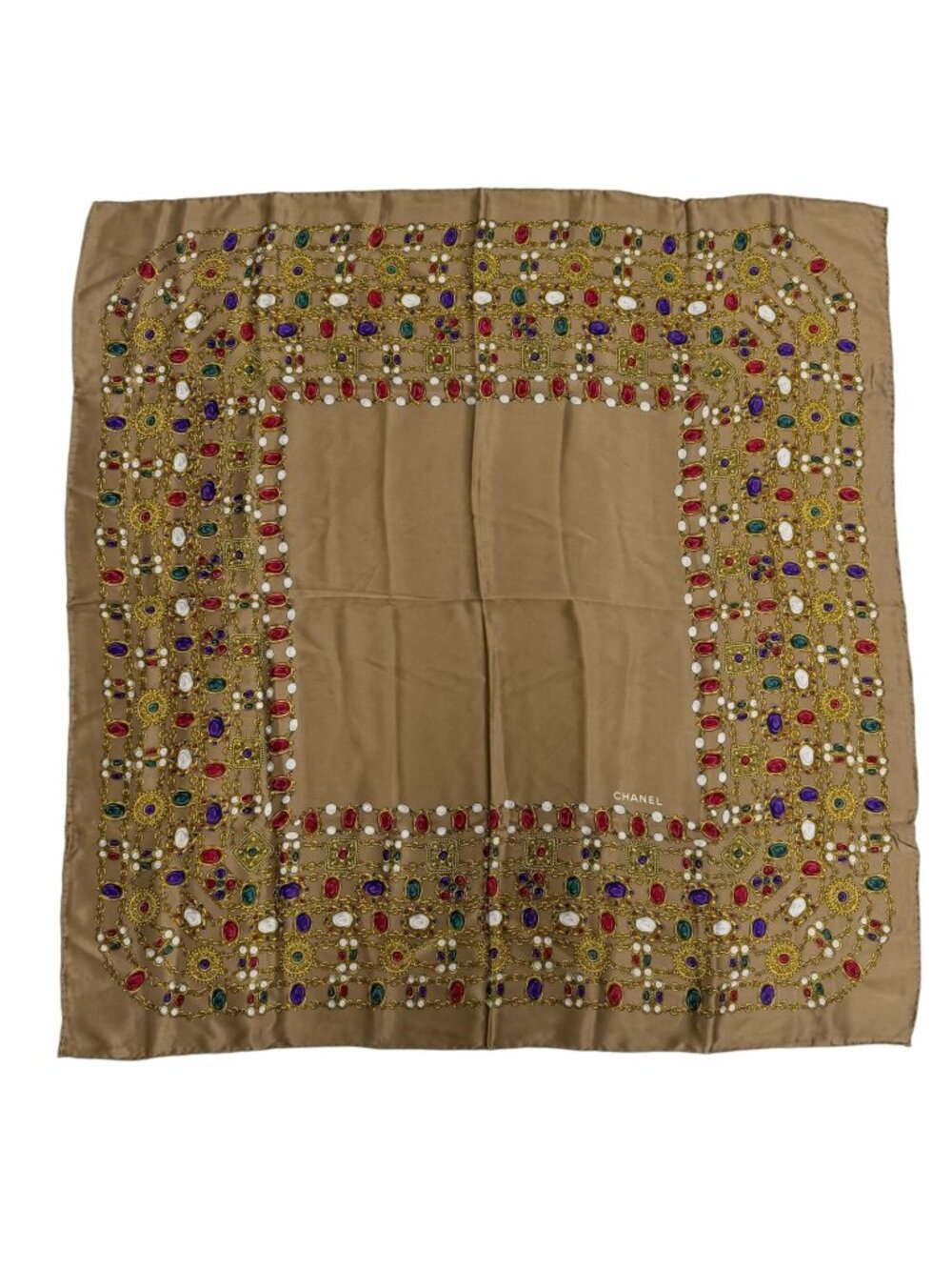 Chanel Vintage Silk 100% Gripoix Pattern Logo Scarf Brown Multicolor